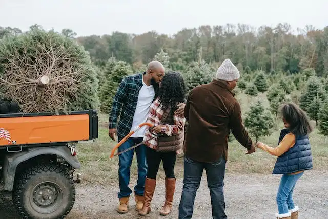 A family having fun picking a Christmas tree from nature
